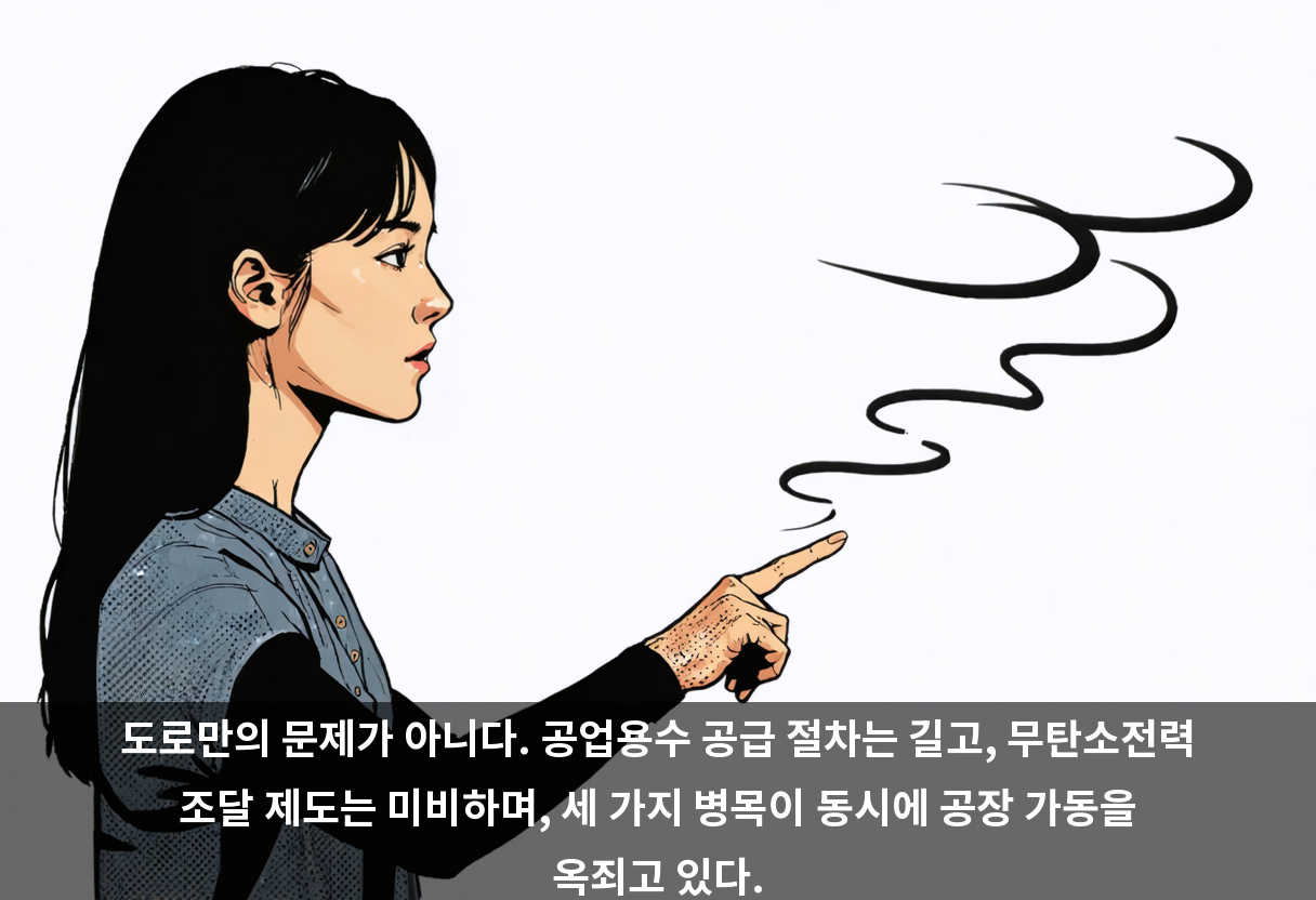 도로만의 문제가 아니다. 공업용수 공급 절차는 길고, 무탄소전력 조달 제도는 미비하며, 세 가지 병목이 동시에 공장 가동을 옥죄고 있다.
