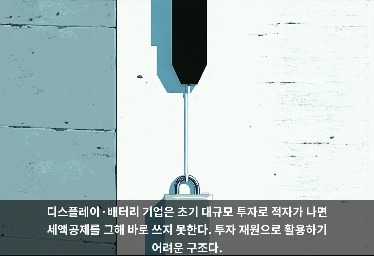디스플레이·배터리 기업은 초기 대규모 투자로 적자가 나면 세액공제를 그해 바로 쓰지 못한다. 투자 재원으로 활용하기 어려운 구조다.