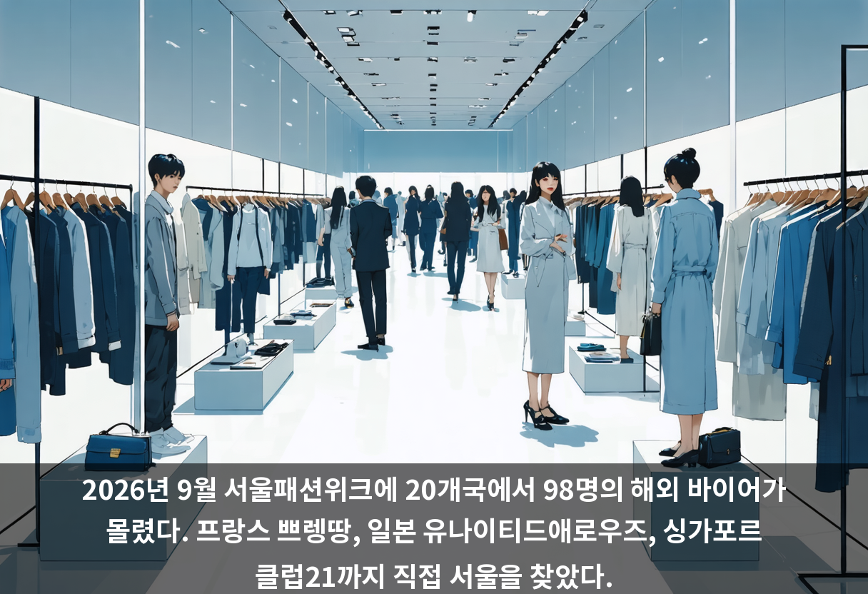 2026년 9월 서울패션위크에 20개국에서 98명의 해외 바이어가 몰렸다. 프랑스 쁘렝땅, 일본 유나이티드애로우즈, 싱가포르 클럽21까지 직접 서울을 찾았다.