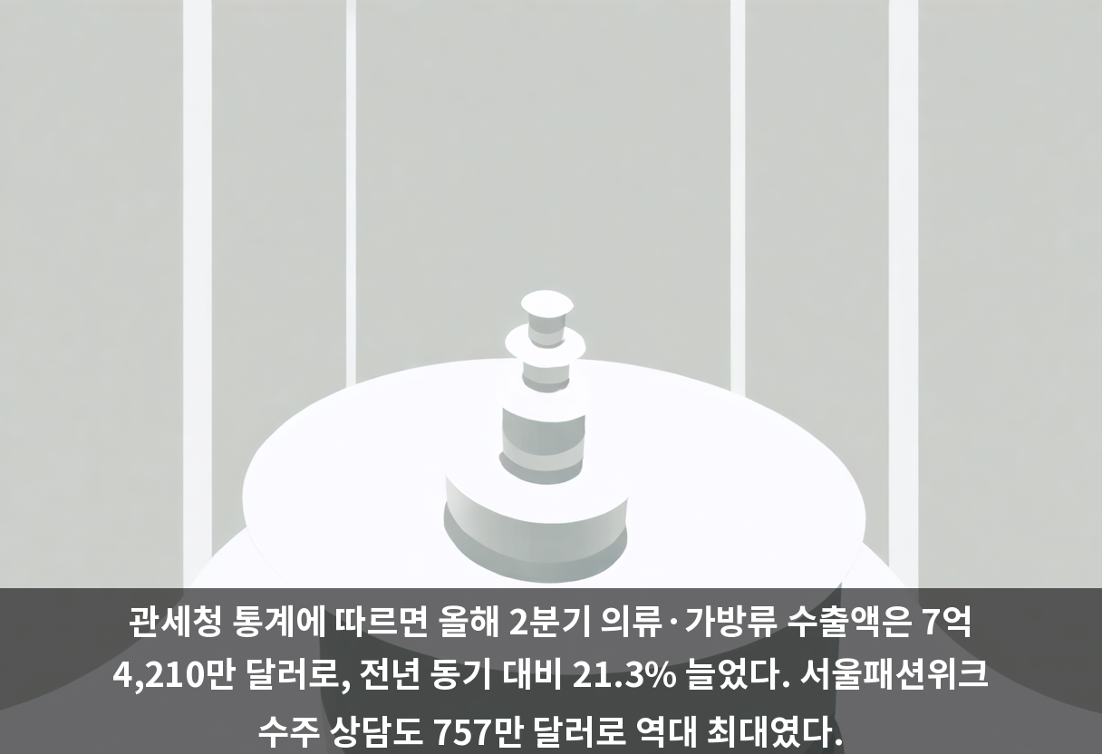 관세청 통계에 따르면 올해 2분기 의류·가방류 수출액은 7억 4,210만 달러로, 전년 동기 대비 21.3% 늘었다. 서울패션위크 수주 상담도 757만 달러로 역대 최대였다.