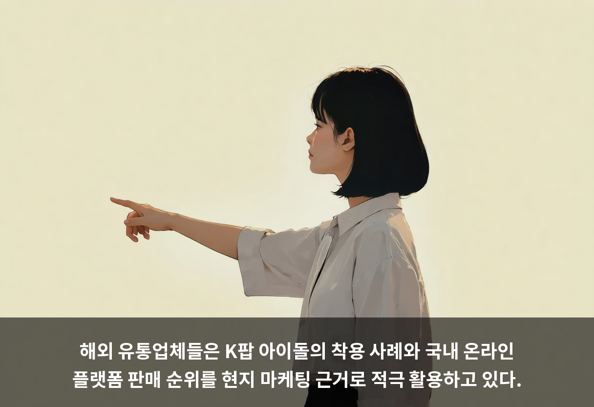 해외 유통업체들은 K팝 아이돌의 착용 사례와 국내 온라인 플랫폼 판매 순위를 현지 마케팅 근거로 적극 활용하고 있다.