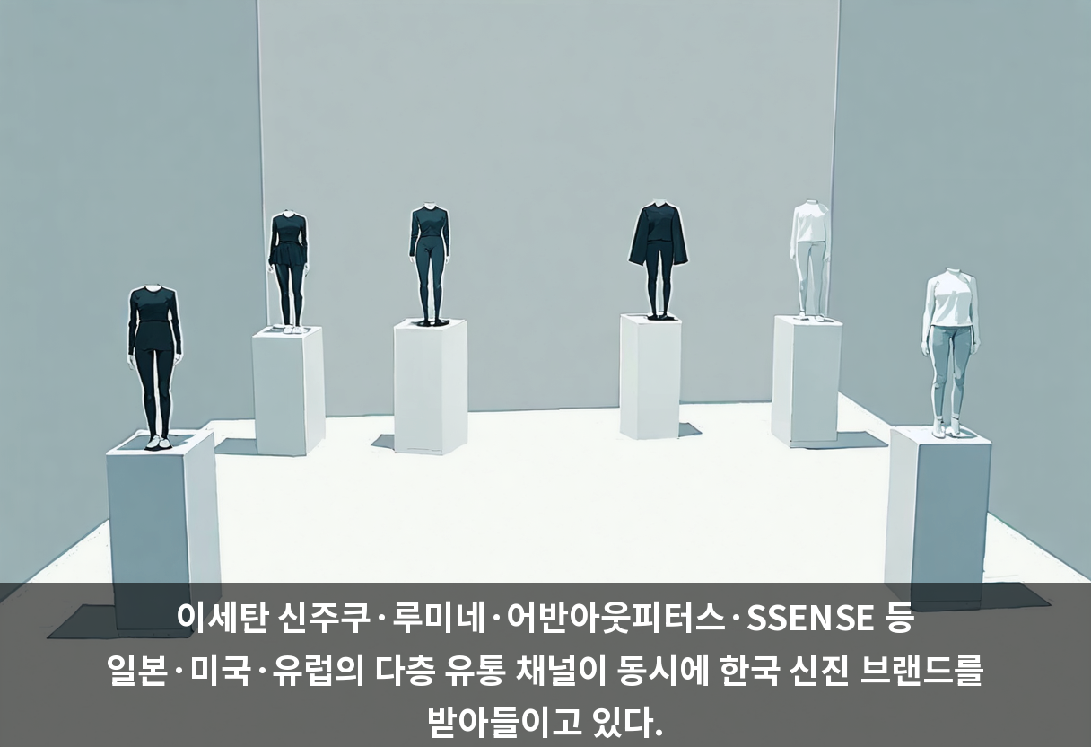 이세탄 신주쿠·루미네·어반아웃피터스·SSENSE 등 일본·미국·유럽의 다층 유통 채널이 동시에 한국 신진 브랜드를 받아들이고 있다.