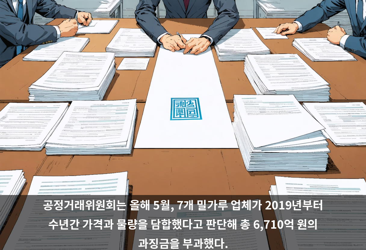 공정거래위원회는 올해 5월, 7개 밀가루 업체가 2019년부터 수년간 가격과 물량을 담합했다고 판단해 총 6,710억 원의 과징금을 부과했다.