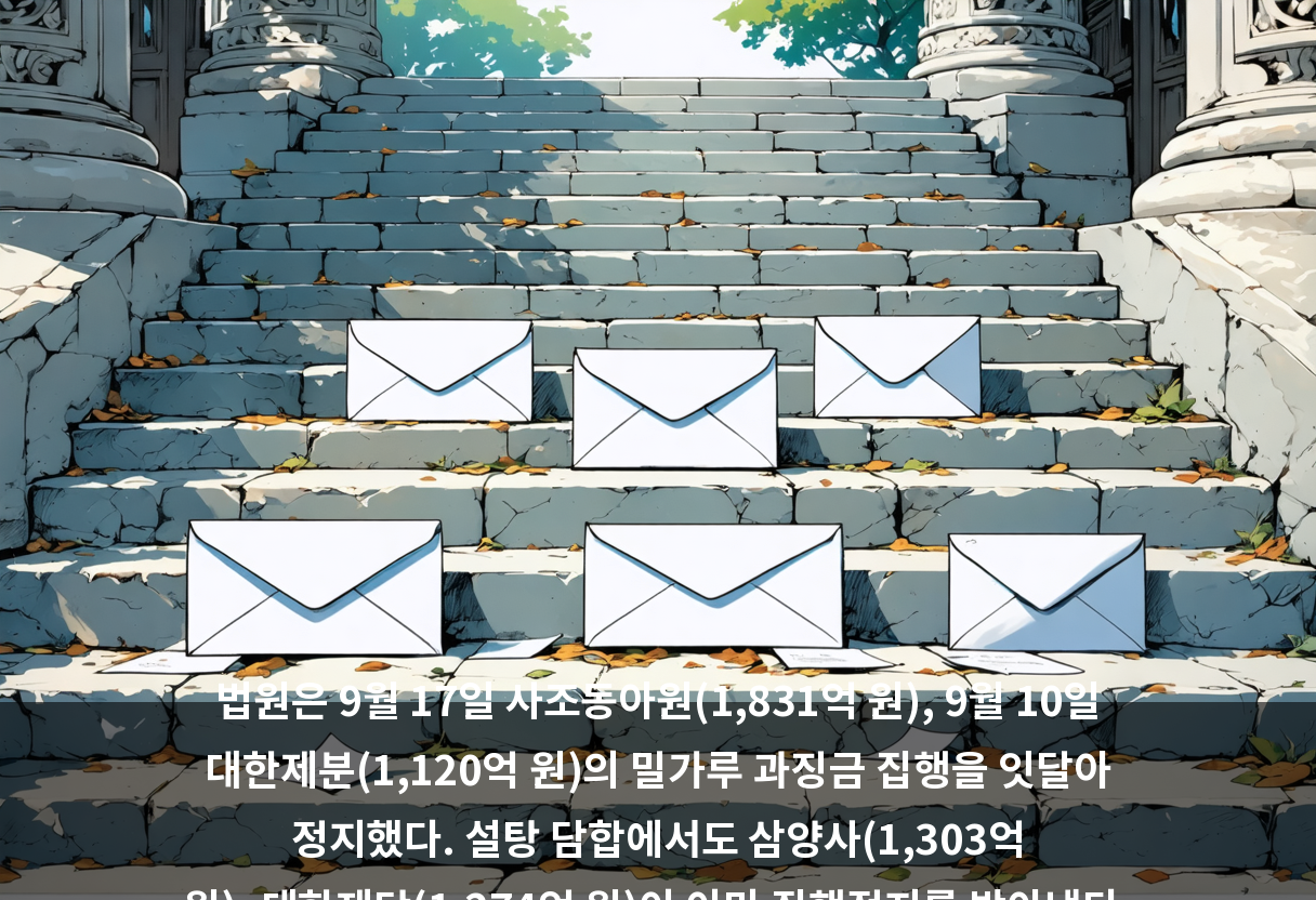 법원은 9월 17일 사조동아원(1,831억 원), 9월 10일 대한제분(1,120억 원)의 밀가루 과징금 집행을 잇달아 정지했다. 설탕 담합에서도 삼양사(1,303억 원)·대한제당(1,274억 원)이 이미 집행정지를 받아냈다.