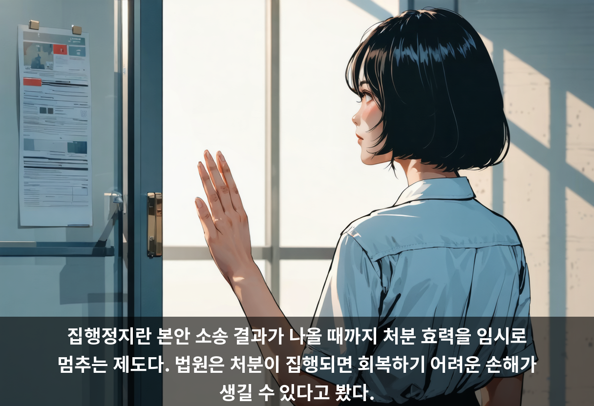 집행정지란 본안 소송 결과가 나올 때까지 처분 효력을 임시로 멈추는 제도다. 법원은 처분이 집행되면 회복하기 어려운 손해가 생길 수 있다고 봤다.