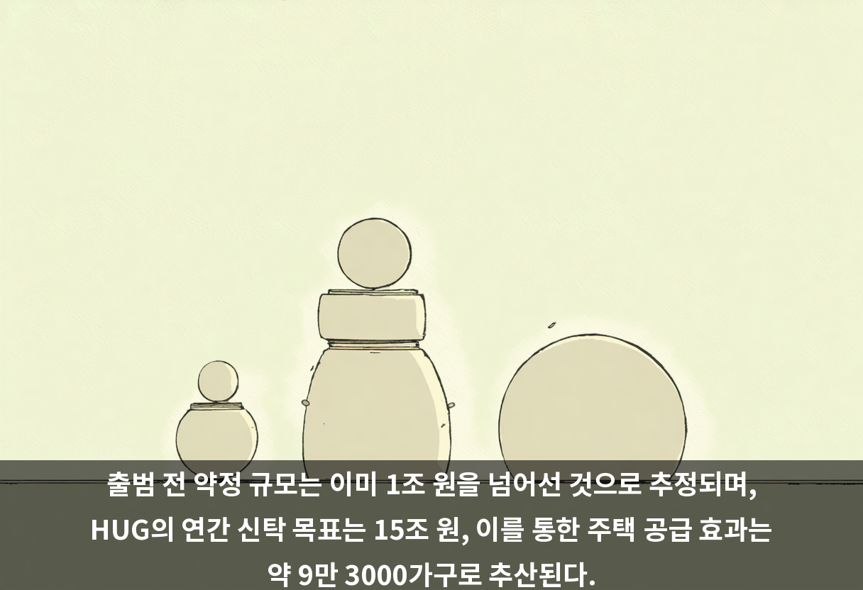 출범 전 약정 규모는 이미 1조 원을 넘어선 것으로 추정되며, HUG의 연간 신탁 목표는 15조 원, 이를 통한 주택 공급 효과는 약 9만 3000가구로 추산된다.
