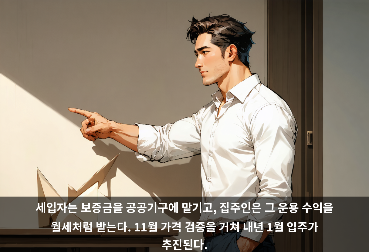 세입자는 보증금을 공공기구에 맡기고, 집주인은 그 운용 수익을 월세처럼 받는다. 11월 가격 검증을 거쳐 내년 1월 입주가 추진된다.