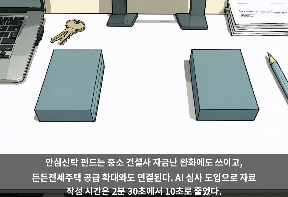 안심신탁 펀드는 중소 건설사 자금난 완화에도 쓰이고, 든든전세주택 공급 확대와도 연결된다. AI 심사 도입으로 자료 작성 시간은 2분 30초에서 10초로 줄었다.