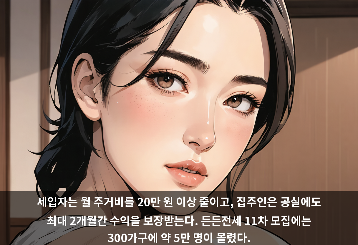 세입자는 월 주거비를 20만 원 이상 줄이고, 집주인은 공실에도 최대 2개월간 수익을 보장받는다. 든든전세 11차 모집에는 300가구에 약 5만 명이 몰렸다.