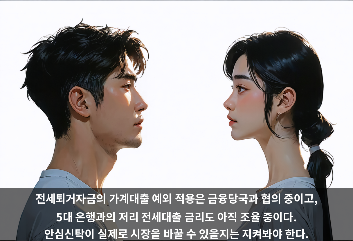 전세퇴거자금의 가계대출 예외 적용은 금융당국과 협의 중이고, 5대 은행과의 저리 전세대출 금리도 아직 조율 중이다. 안심신탁이 실제로 시장을 바꿀 수 있을지는 지켜봐야 한다.
