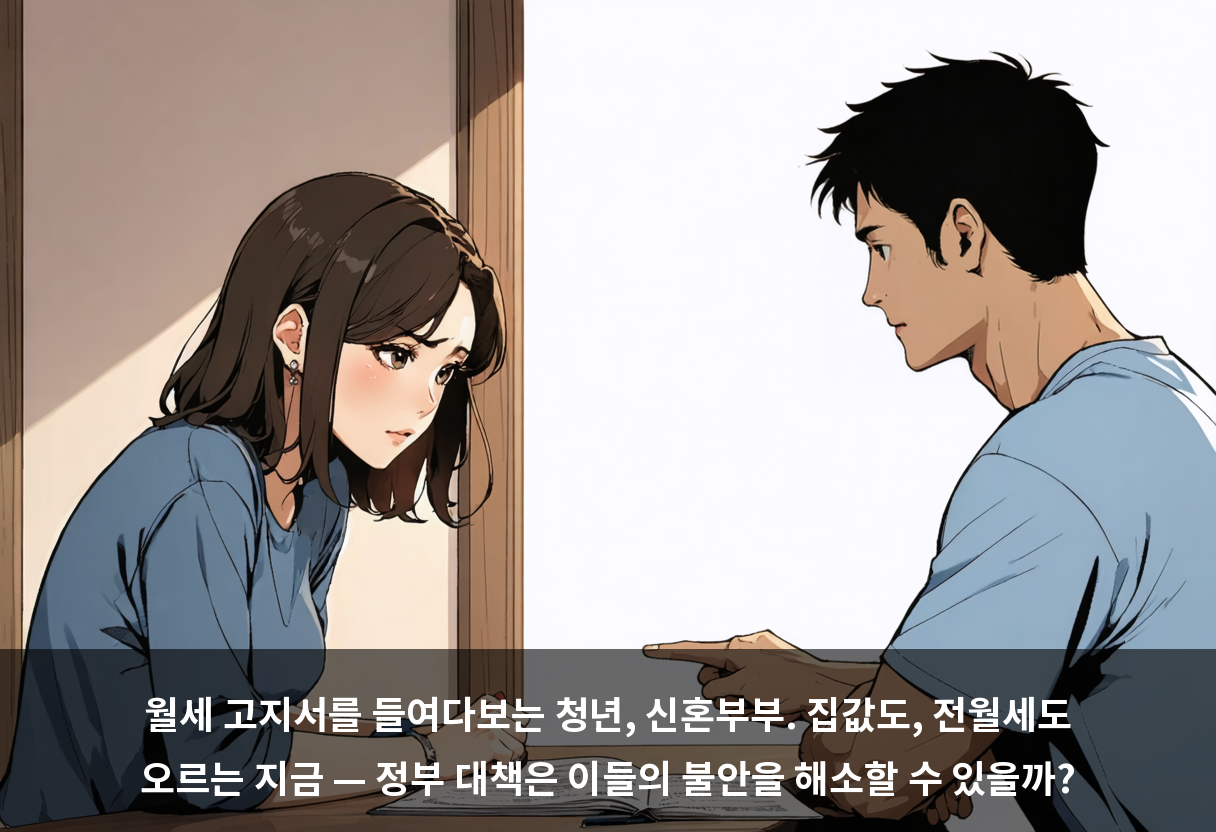 월세 고지서를 들여다보는 청년, 신혼부부. 집값도, 전월세도 오르는 지금 — 정부 대책은 이들의 불안을 해소할 수 있을까?