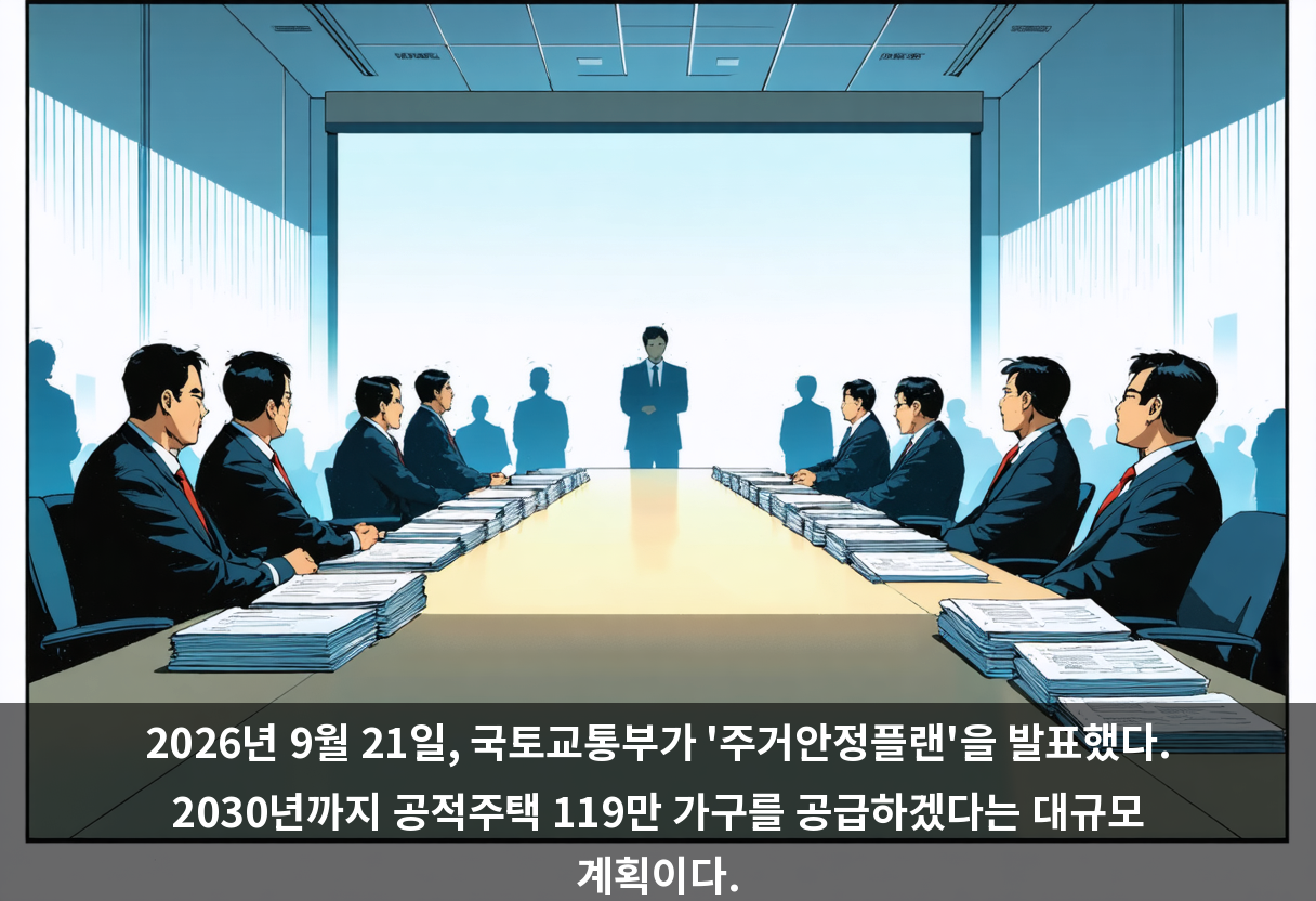 2026년 9월 21일, 국토교통부가 '주거안정플랜'을 발표했다. 2030년까지 공적주택 119만 가구를 공급하겠다는 대규모 계획이다.