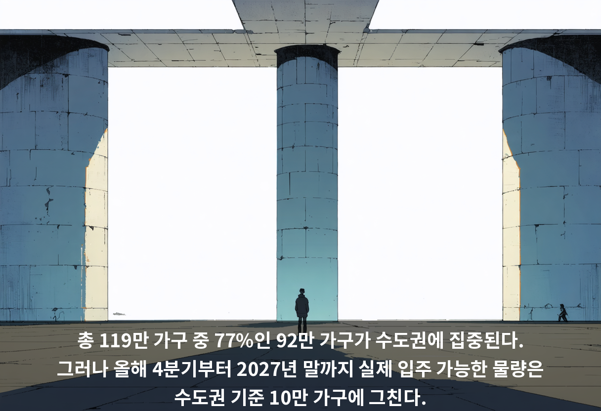 총 119만 가구 중 77%인 92만 가구가 수도권에 집중된다. 그러나 올해 4분기부터 2027년 말까지 실제 입주 가능한 물량은 수도권 기준 10만 가구에 그친다.