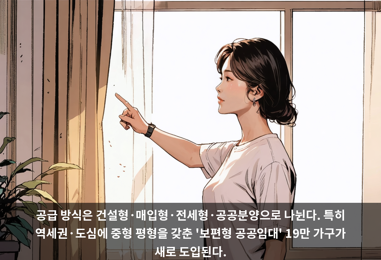 공급 방식은 건설형·매입형·전세형·공공분양으로 나뉜다. 특히 역세권·도심에 중형 평형을 갖춘 '보편형 공공임대' 19만 가구가 새로 도입된다.
