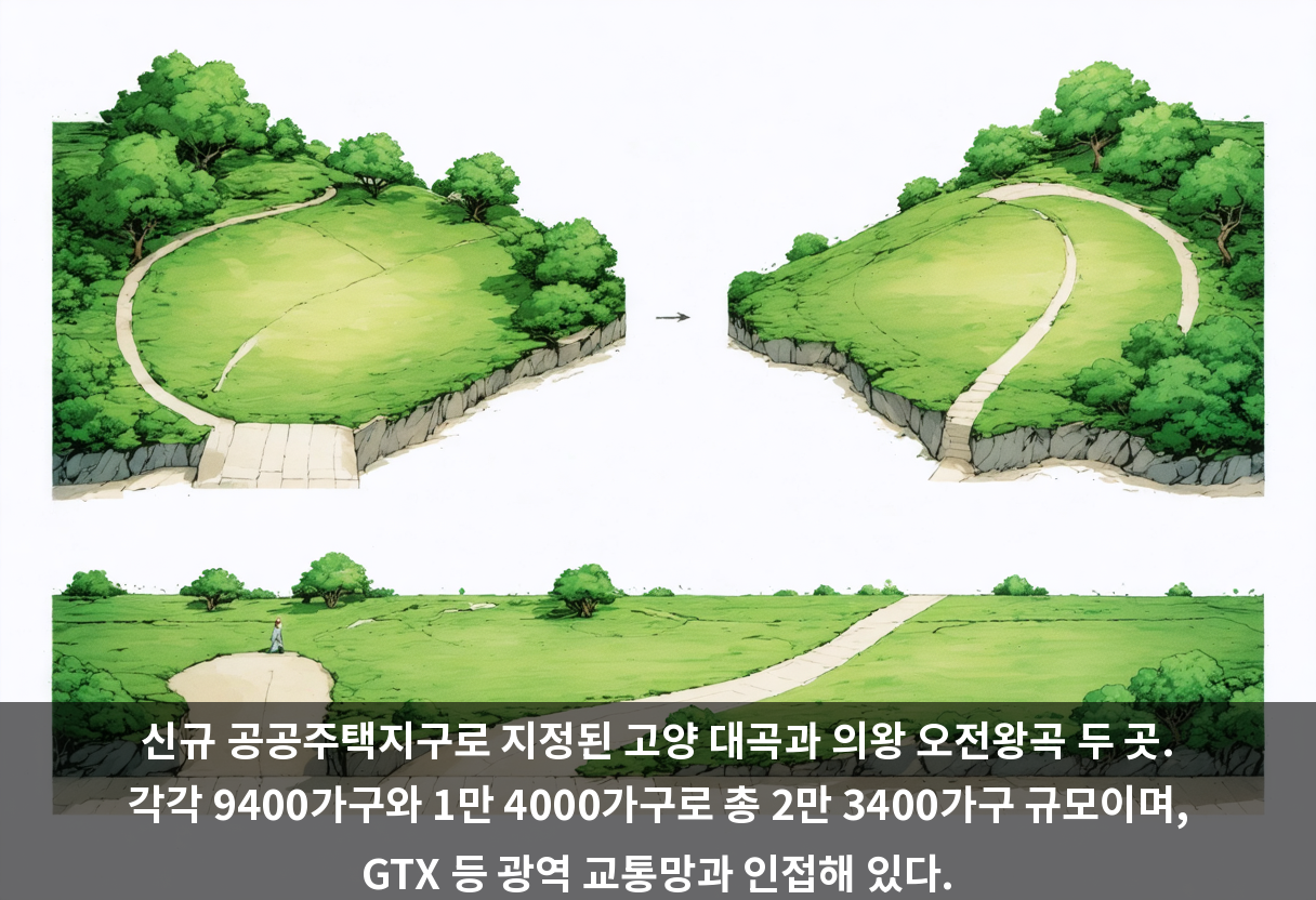 신규 공공주택지구로 지정된 고양 대곡과 의왕 오전왕곡 두 곳. 각각 9400가구와 1만 4000가구로 총 2만 3400가구 규모이며, GTX 등 광역 교통망과 인접해 있다.