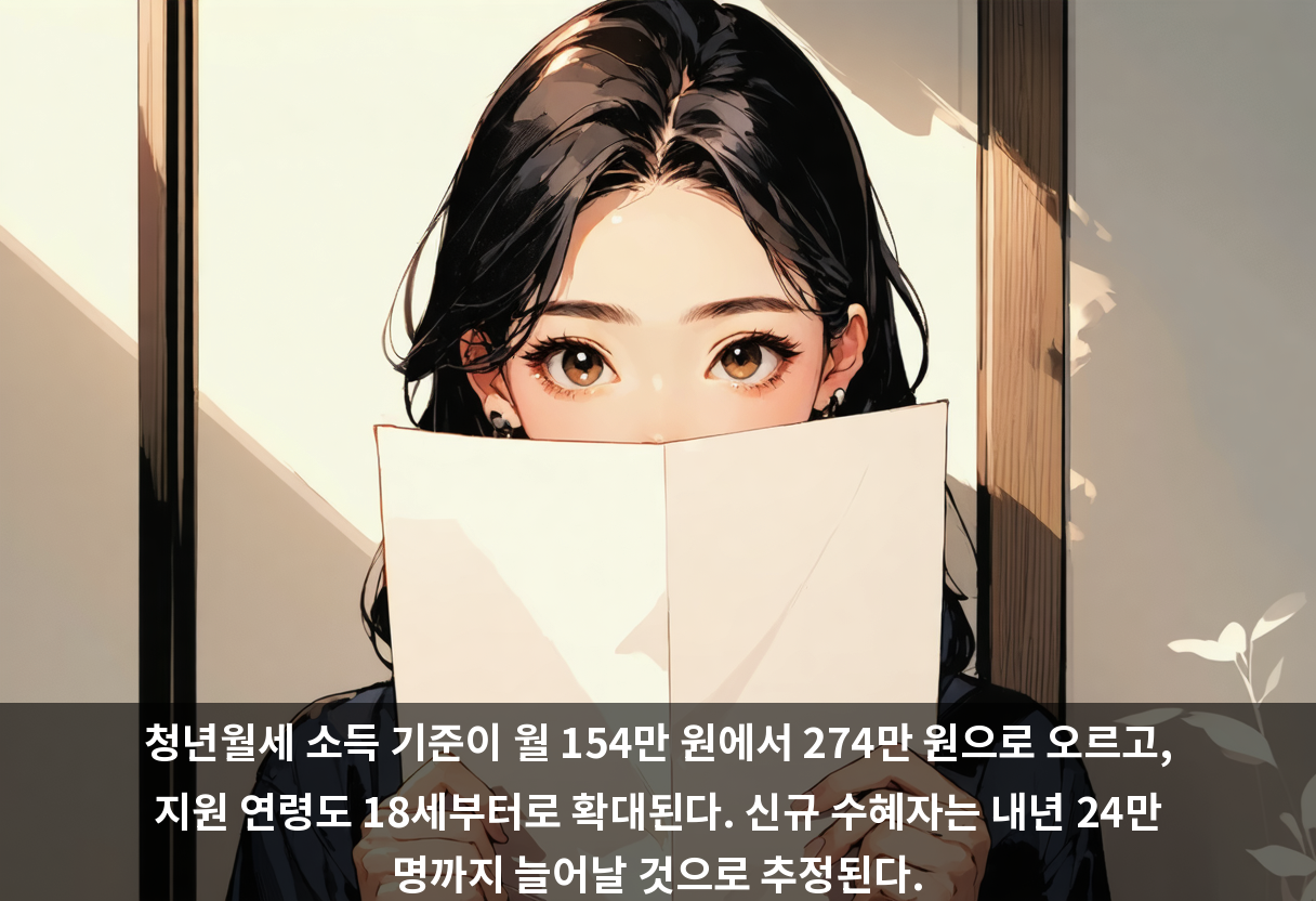 청년월세 소득 기준이 월 154만 원에서 274만 원으로 오르고, 지원 연령도 18세부터로 확대된다. 신규 수혜자는 내년 24만 명까지 늘어날 것으로 추정된다.