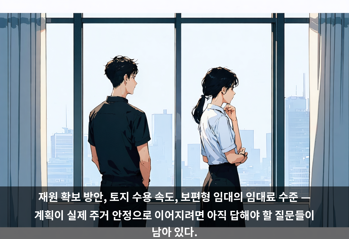 재원 확보 방안, 토지 수용 속도, 보편형 임대의 임대료 수준 — 계획이 실제 주거 안정으로 이어지려면 아직 답해야 할 질문들이 남아 있다.