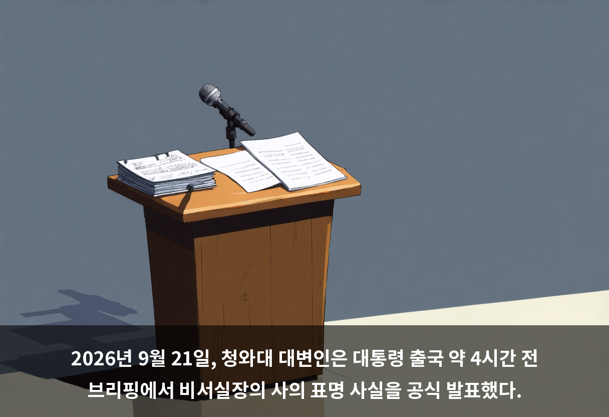 2026년 9월 21일, 청와대 대변인은 대통령 출국 약 4시간 전 브리핑에서 비서실장의 사의 표명 사실을 공식 발표했다.