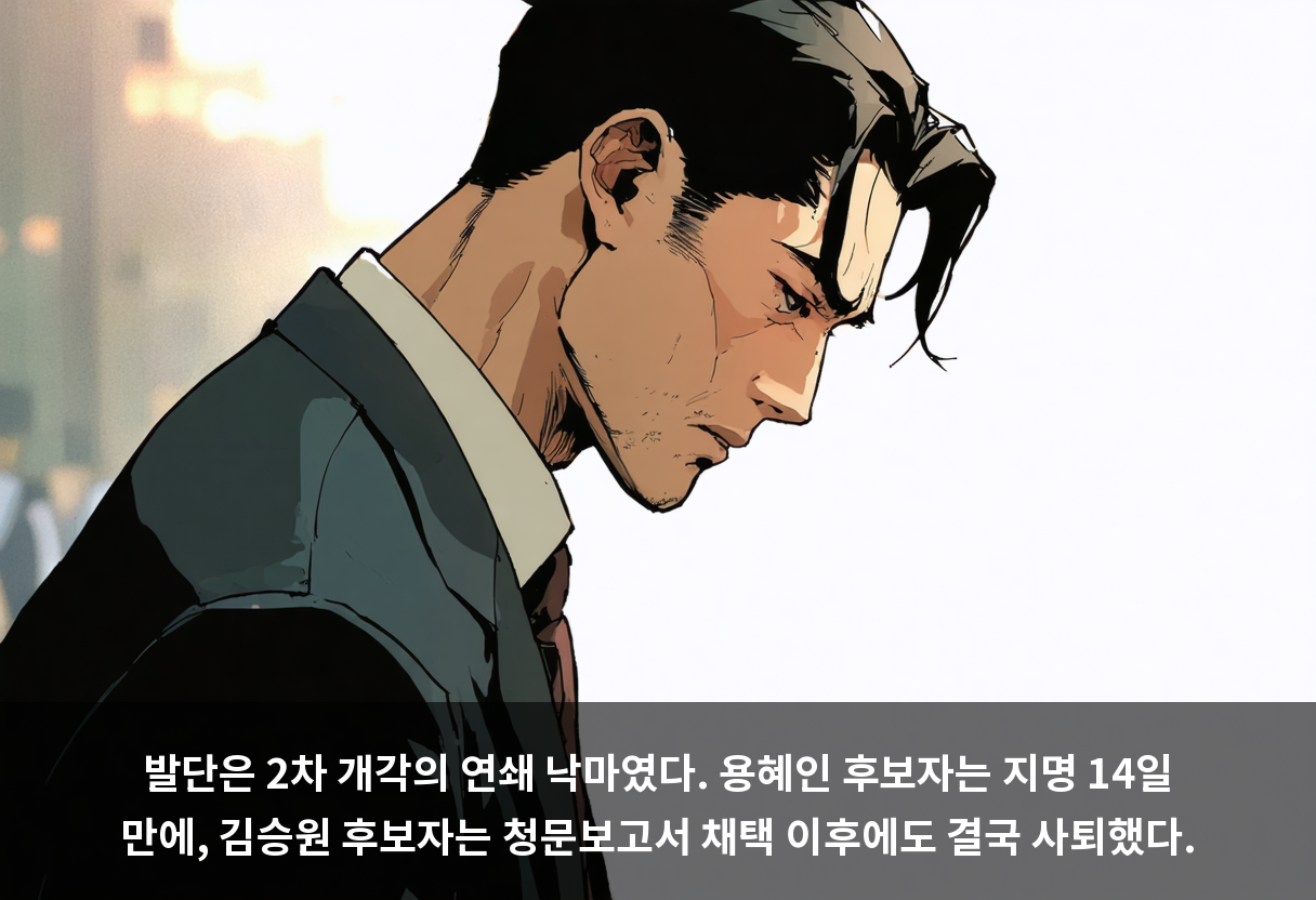 발단은 2차 개각의 연쇄 낙마였다. 용혜인 후보자는 지명 14일 만에, 김승원 후보자는 청문보고서 채택 이후에도 결국 사퇴했다.