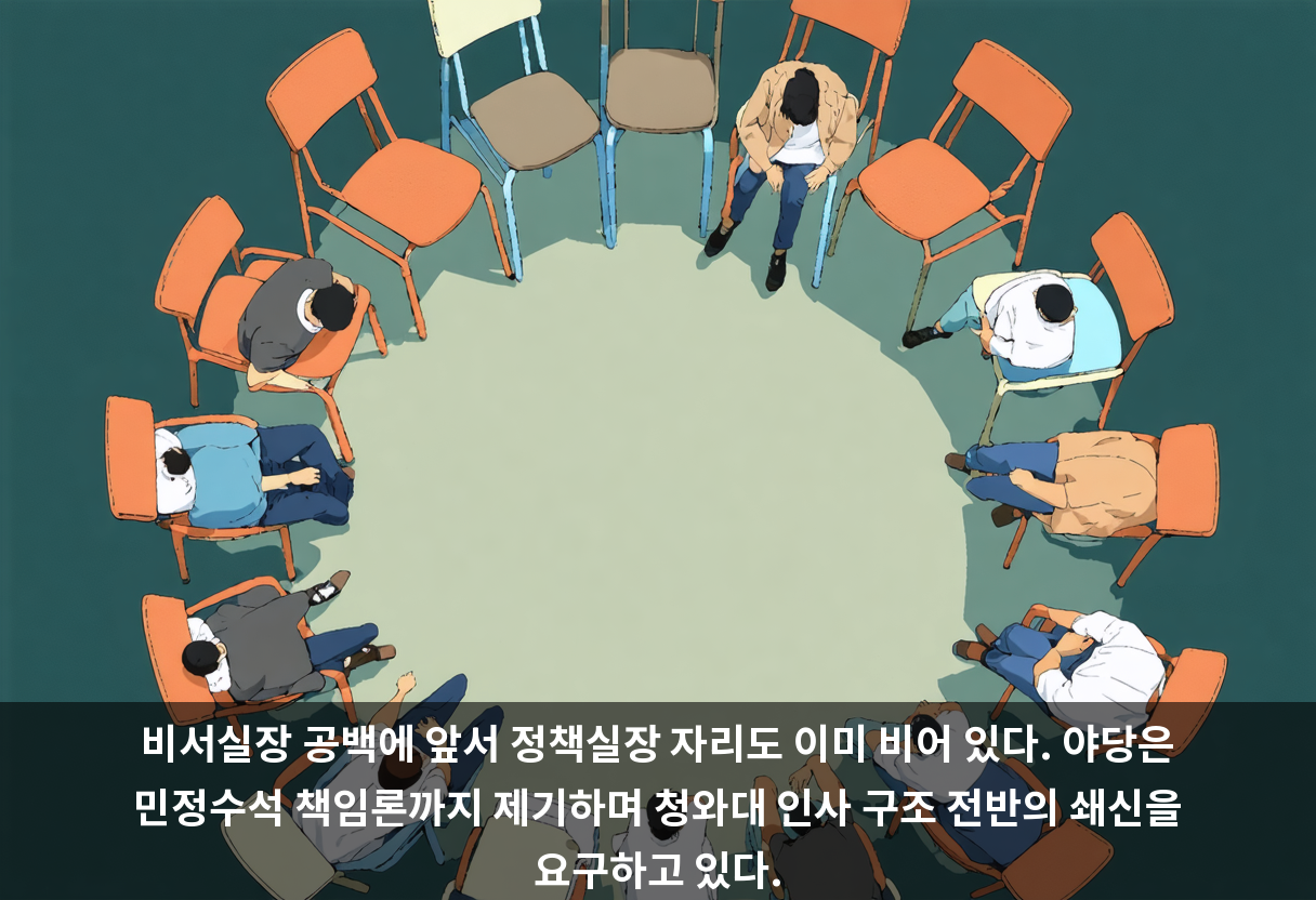 비서실장 공백에 앞서 정책실장 자리도 이미 비어 있다. 야당은 민정수석 책임론까지 제기하며 청와대 인사 구조 전반의 쇄신을 요구하고 있다.