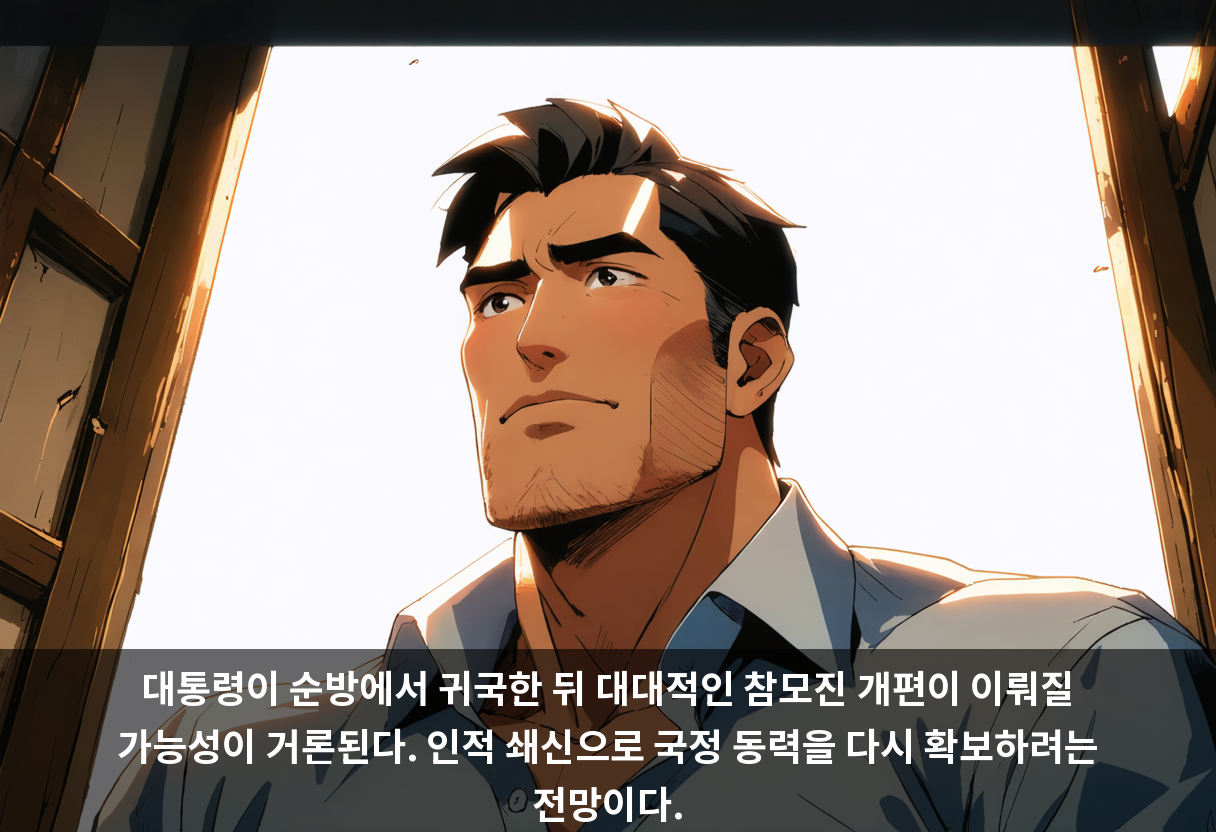 대통령이 순방에서 귀국한 뒤 대대적인 참모진 개편이 이뤄질 가능성이 거론된다. 인적 쇄신으로 국정 동력을 다시 확보하려는 전망이다.