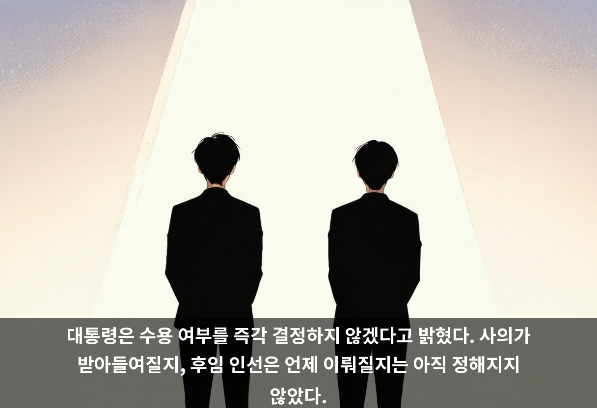 대통령은 수용 여부를 즉각 결정하지 않겠다고 밝혔다. 사의가 받아들여질지, 후임 인선은 언제 이뤄질지는 아직 정해지지 않았다.