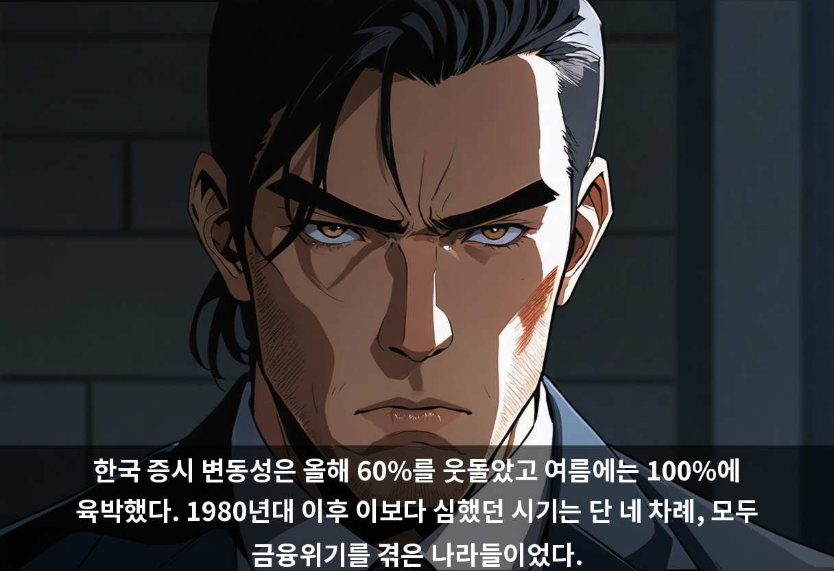 한국 증시 변동성은 올해 60%를 웃돌았고 여름에는 100%에 육박했다. 1980년대 이후 이보다 심했던 시기는 단 네 차례, 모두 금융위기를 겪은 나라들이었다.