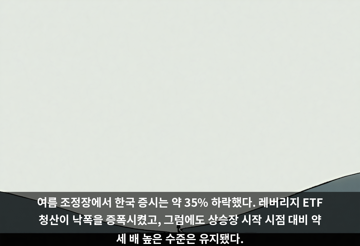 여름 조정장에서 한국 증시는 약 35% 하락했다. 레버리지 ETF 청산이 낙폭을 증폭시켰고, 그럼에도 상승장 시작 시점 대비 약 세 배 높은 수준은 유지됐다.