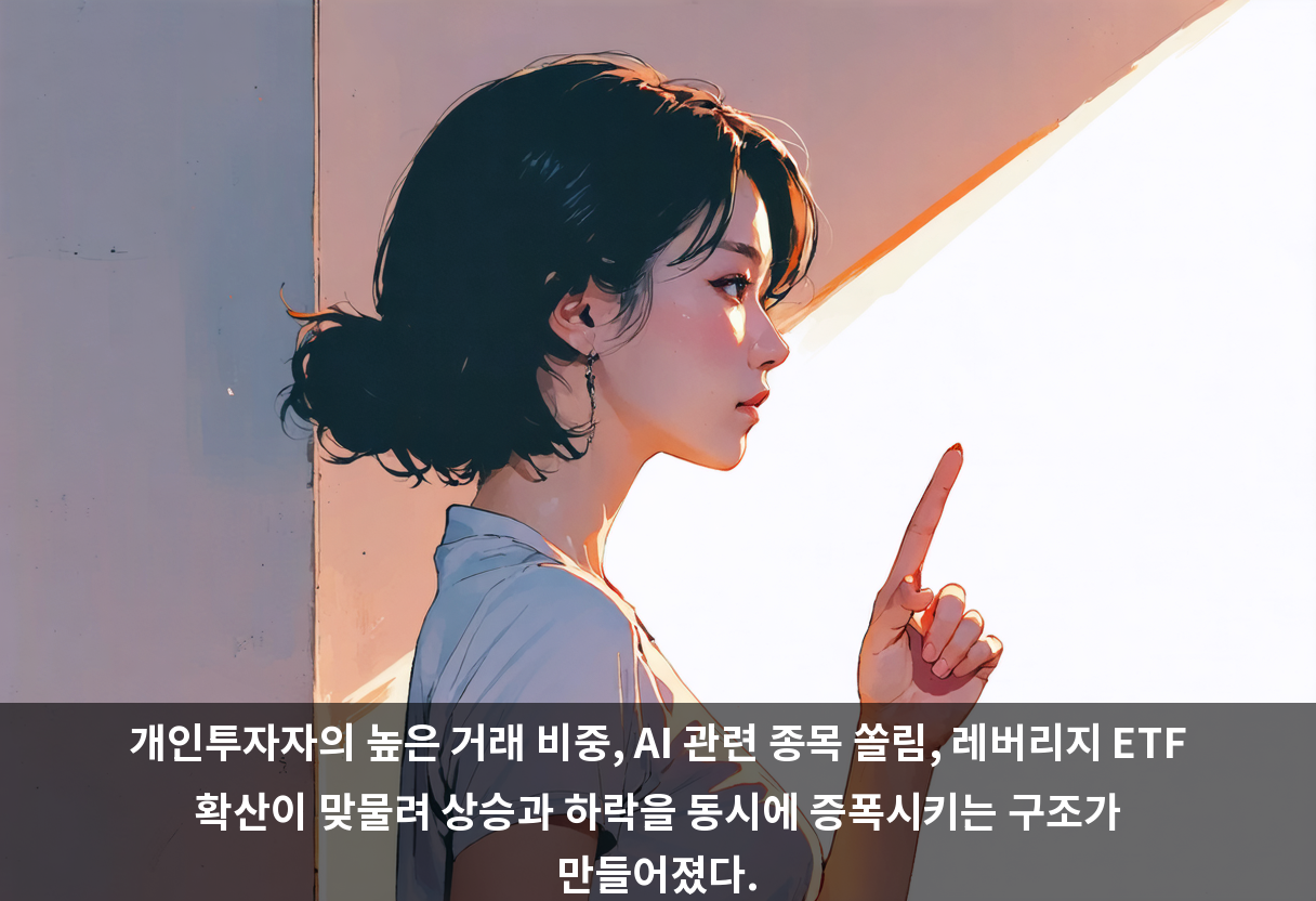 개인투자자의 높은 거래 비중, AI 관련 종목 쏠림, 레버리지 ETF 확산이 맞물려 상승과 하락을 동시에 증폭시키는 구조가 만들어졌다.