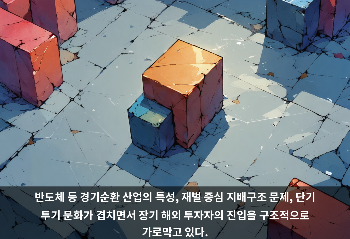 반도체 등 경기순환 산업의 특성, 재벌 중심 지배구조 문제, 단기 투기 문화가 겹치면서 장기 해외 투자자의 진입을 구조적으로 가로막고 있다.