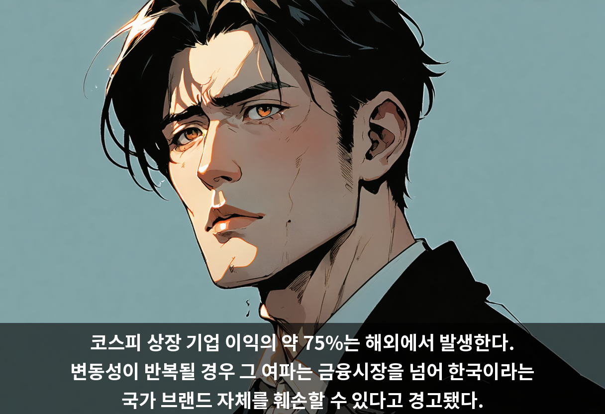 코스피 상장 기업 이익의 약 75%는 해외에서 발생한다. 변동성이 반복될 경우 그 여파는 금융시장을 넘어 한국이라는 국가 브랜드 자체를 훼손할 수 있다고 경고됐다.