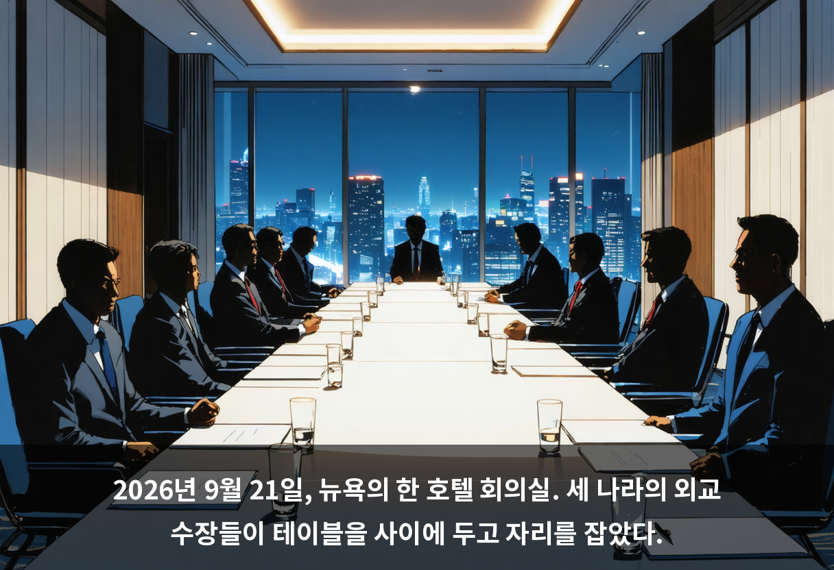 2026년 9월 21일, 뉴욕의 한 호텔 회의실. 세 나라의 외교 수장들이 테이블을 사이에 두고 자리를 잡았다.