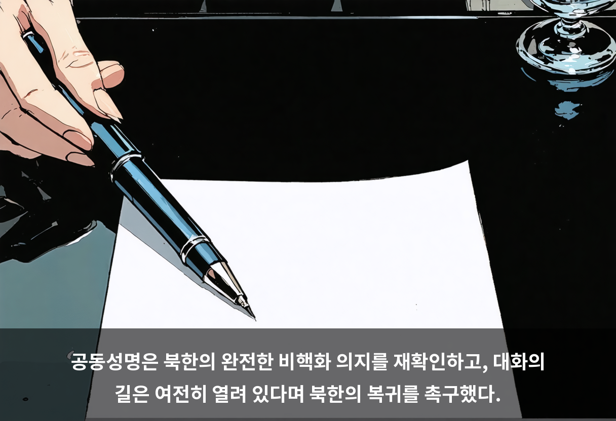 공동성명은 북한의 완전한 비핵화 의지를 재확인하고, 대화의 길은 여전히 열려 있다며 북한의 복귀를 촉구했다.