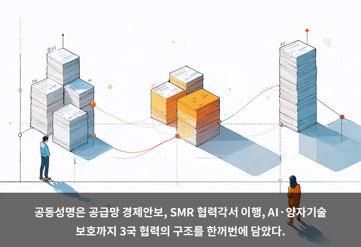 공동성명은 공급망 경제안보, SMR 협력각서 이행, AI·양자기술 보호까지 3국 협력의 구조를 한꺼번에 담았다.