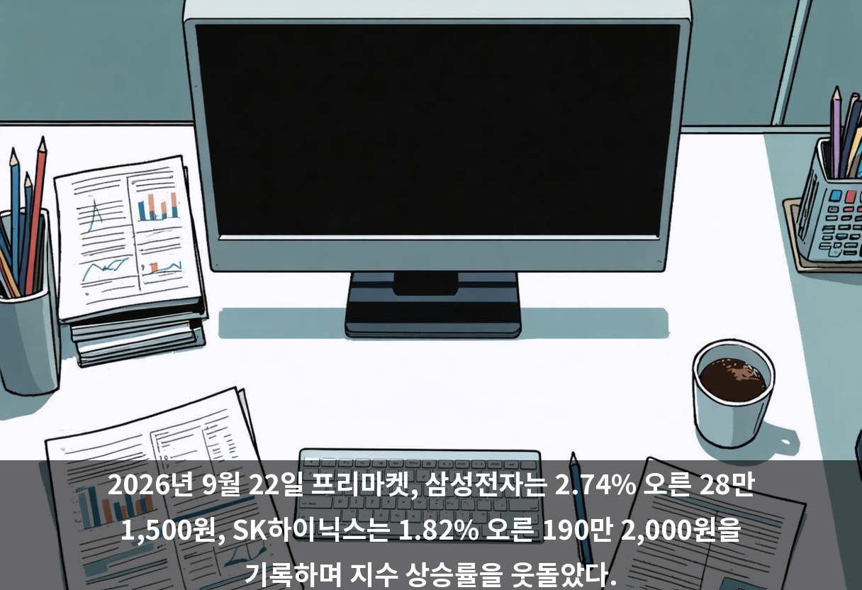 2026년 9월 22일 프리마켓, 삼성전자는 2.74% 오른 28만 1,500원, SK하이닉스는 1.82% 오른 190만 2,000원을 기록하며 지수 상승률을 웃돌았다.