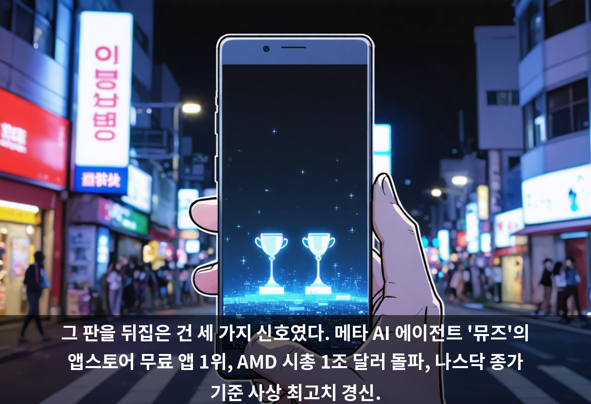 그 판을 뒤집은 건 세 가지 신호였다. 메타 AI 에이전트 '뮤즈'의 앱스토어 무료 앱 1위, AMD 시총 1조 달러 돌파, 나스닥 종가 기준 사상 최고치 경신.