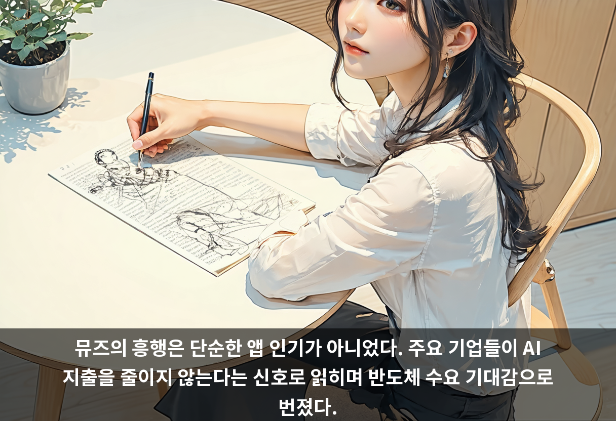 뮤즈의 흥행은 단순한 앱 인기가 아니었다. 주요 기업들이 AI 지출을 줄이지 않는다는 신호로 읽히며 반도체 수요 기대감으로 번졌다.