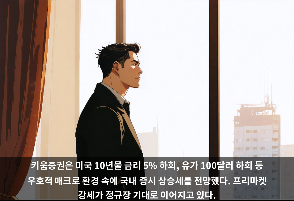 키움증권은 미국 10년물 금리 5% 하회, 유가 100달러 하회 등 우호적 매크로 환경 속에 국내 증시 상승세를 전망했다. 프리마켓 강세가 정규장 기대로 이어지고 있다.