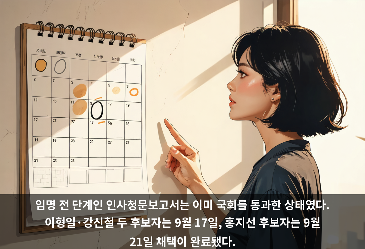 임명 전 단계인 인사청문보고서는 이미 국회를 통과한 상태였다. 이형일·강신철 두 후보자는 9월 17일, 홍지선 후보자는 9월 21일 채택이 완료됐다.