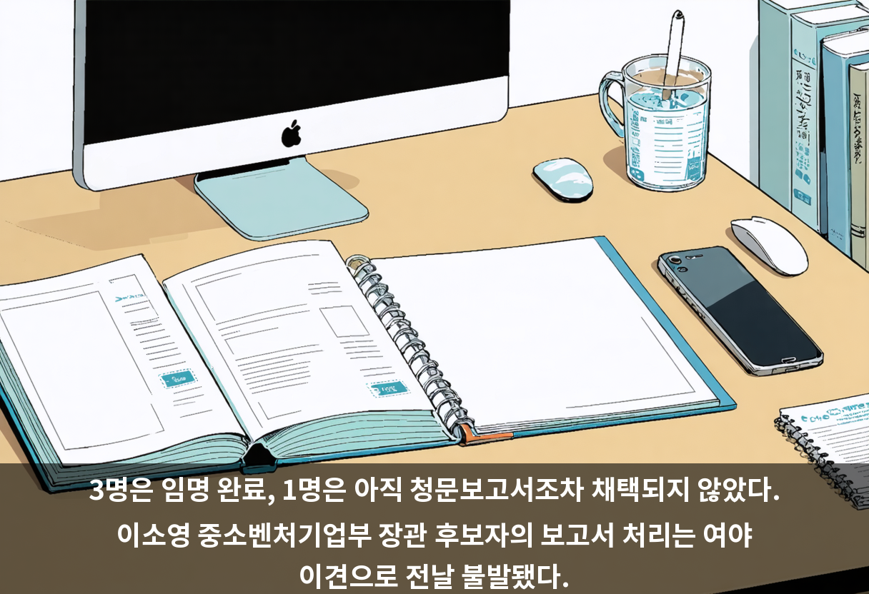 3명은 임명 완료, 1명은 아직 청문보고서조차 채택되지 않았다. 이소영 중소벤처기업부 장관 후보자의 보고서 처리는 여야 이견으로 전날 불발됐다.