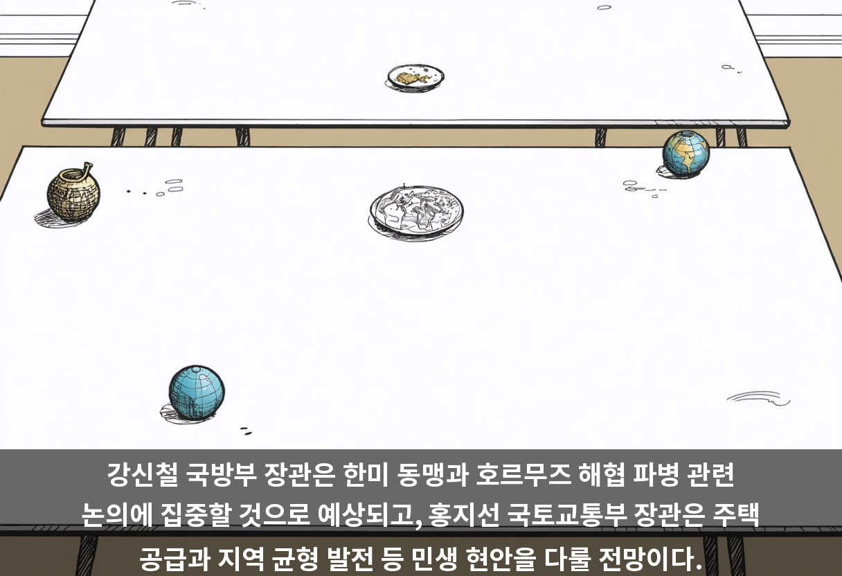 강신철 국방부 장관은 한미 동맹과 호르무즈 해협 파병 관련 논의에 집중할 것으로 예상되고, 홍지선 국토교통부 장관은 주택 공급과 지역 균형 발전 등 민생 현안을 다룰 전망이다.