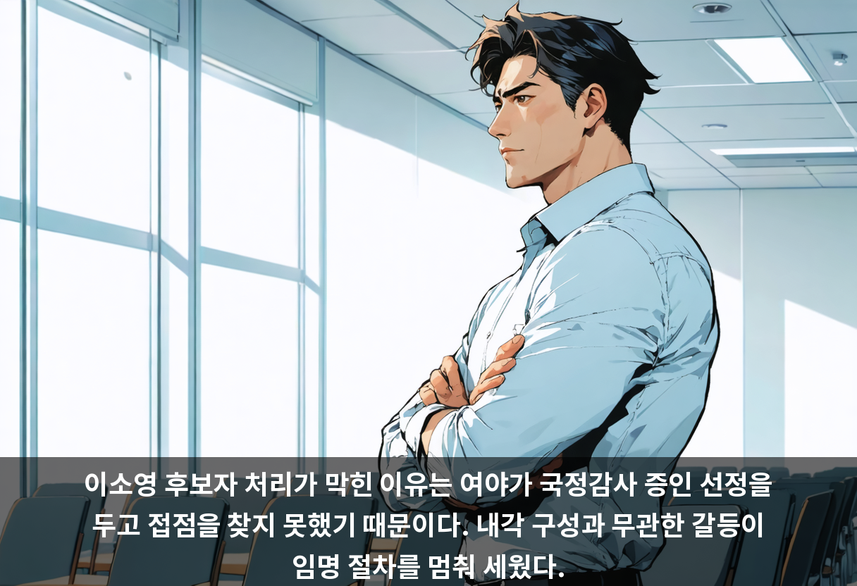 이소영 후보자 처리가 막힌 이유는 여야가 국정감사 증인 선정을 두고 접점을 찾지 못했기 때문이다. 내각 구성과 무관한 갈등이 임명 절차를 멈춰 세웠다.