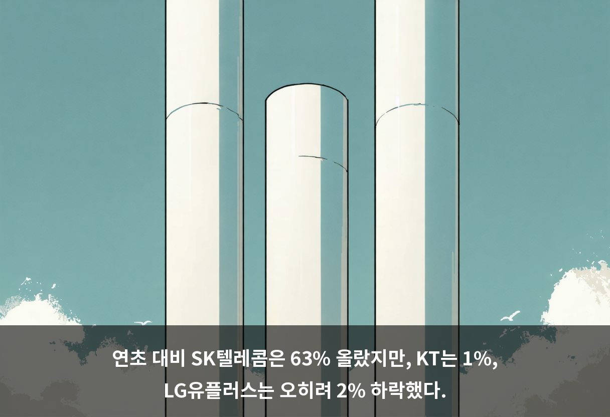 연초 대비 SK텔레콤은 63% 올랐지만, KT는 1%, LG유플러스는 오히려 2% 하락했다.