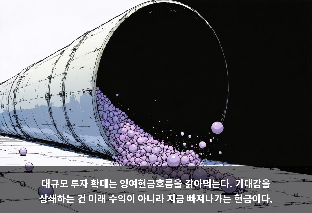 대규모 투자 확대는 잉여현금흐름을 갉아먹는다. 기대감을 상쇄하는 건 미래 수익이 아니라 지금 빠져나가는 현금이다.
