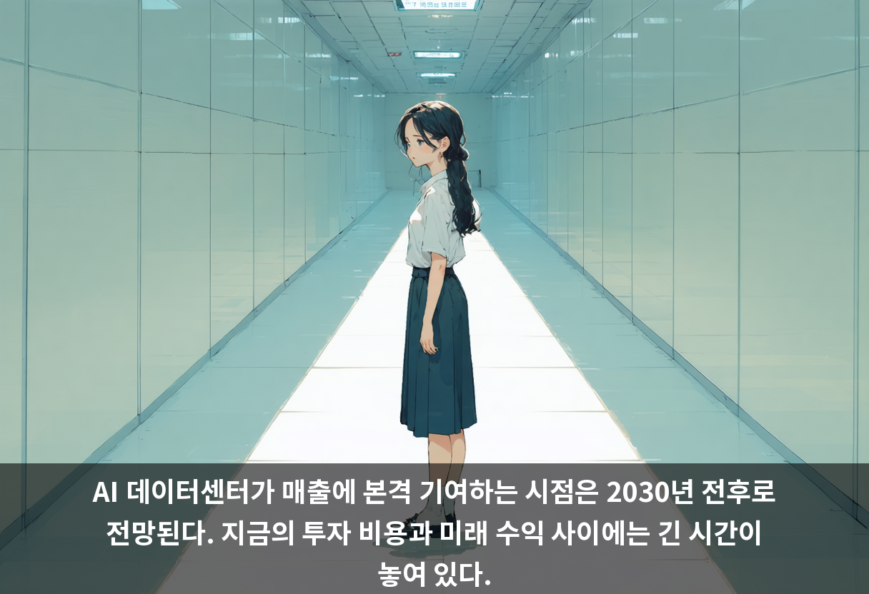 AI 데이터센터가 매출에 본격 기여하는 시점은 2030년 전후로 전망된다. 지금의 투자 비용과 미래 수익 사이에는 긴 시간이 놓여 있다.