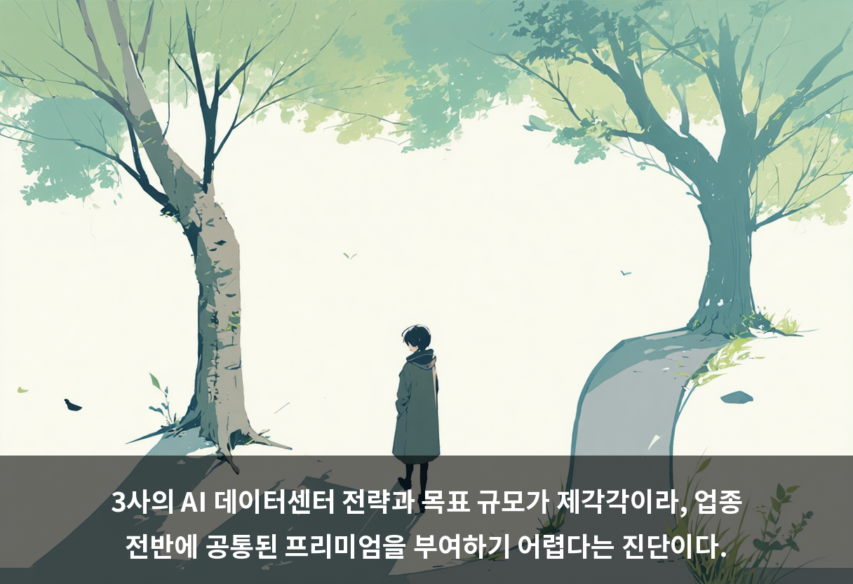 3사의 AI 데이터센터 전략과 목표 규모가 제각각이라, 업종 전반에 공통된 프리미엄을 부여하기 어렵다는 진단이다.