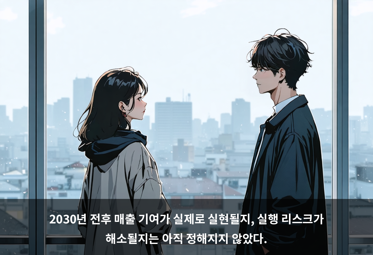 2030년 전후 매출 기여가 실제로 실현될지, 실행 리스크가 해소될지는 아직 정해지지 않았다.