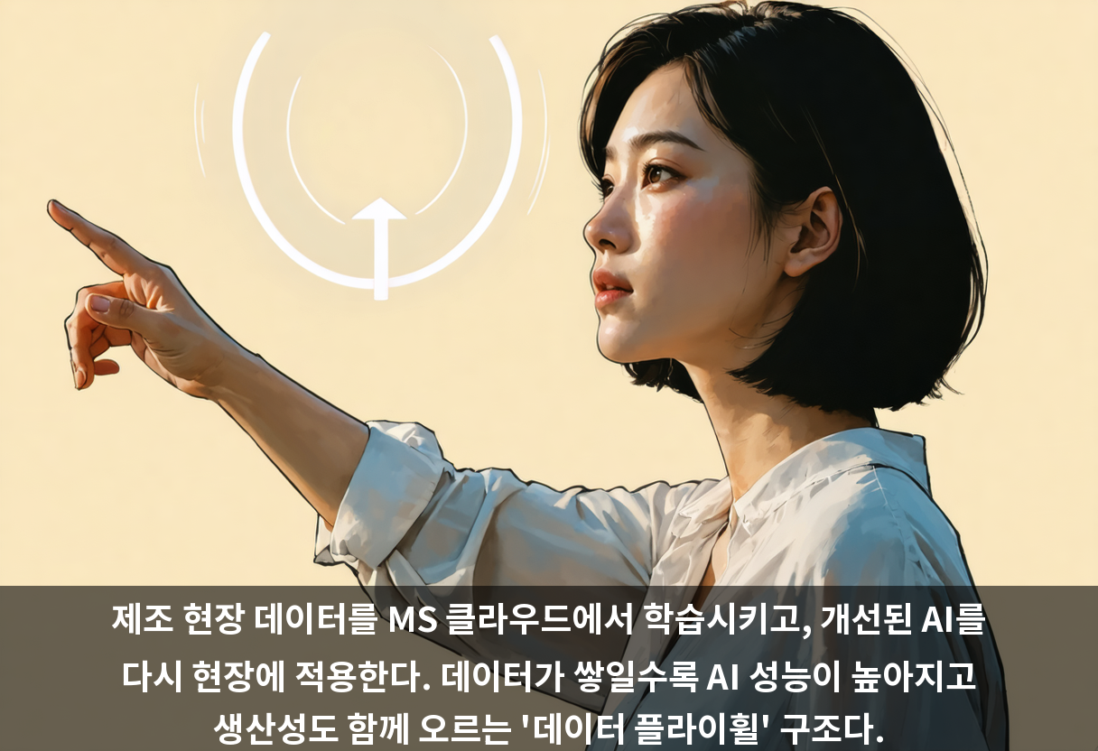제조 현장 데이터를 MS 클라우드에서 학습시키고, 개선된 AI를 다시 현장에 적용한다. 데이터가 쌓일수록 AI 성능이 높아지고 생산성도 함께 오르는 '데이터 플라이휠' 구조다.