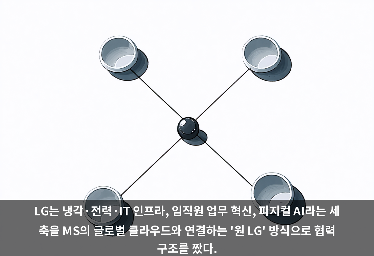 LG는 냉각·전력·IT 인프라, 임직원 업무 혁신, 피지컬 AI라는 세 축을 MS의 글로벌 클라우드와 연결하는 '원 LG' 방식으로 협력 구조를 짰다.