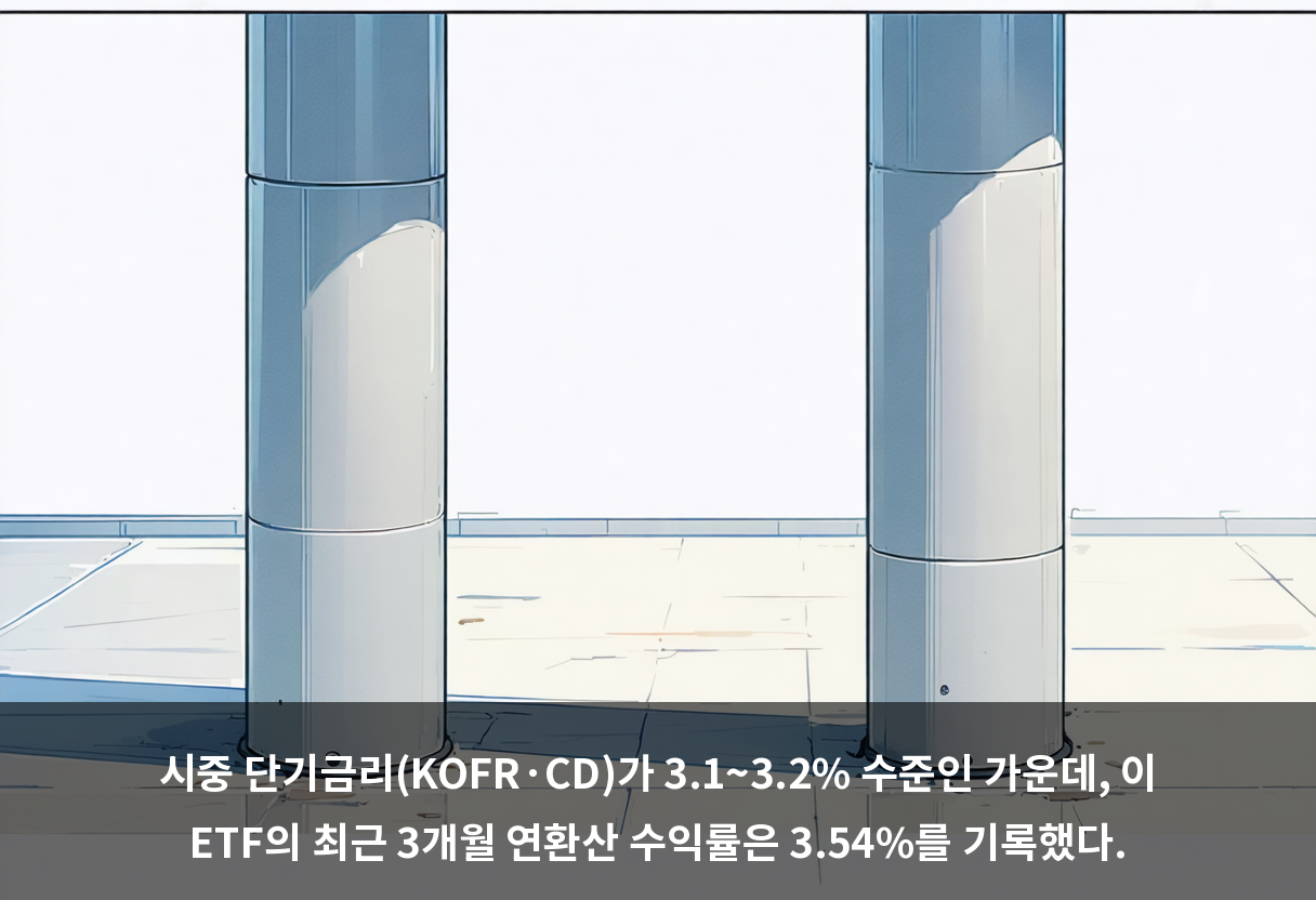 시중 단기금리(KOFR·CD)가 3.1~3.2% 수준인 가운데, 이 ETF의 최근 3개월 연환산 수익률은 3.54%를 기록했다.